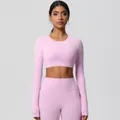 Pink quick-dry yoga set with long sleeve crop top and high waist leggings for women - 7104 Long Sleeve - Cherry Blossom Pink / S