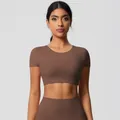 Short sleeve mocha brown crop top for yoga and fitness with premium cloud-feel fabric - S / Short Sleeve Crop Top (7105) / Chestnut Brown