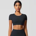 Slim fit black yoga set featuring high waist leggings and a short sleeve crop top - 7105 Short-sleeved T-shirt - Black / S