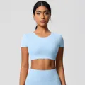 Light blue two-piece yoga set with short sleeve crop top and high waist leggings - 7105 Short-sleeved T-shirt - Sky Blue / S