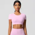 Women's pink yoga set featuring a short sleeve crop top and high-waisted leggings - 7105 Short-sleeved T-shirt - Cherry Blossom Pink / S