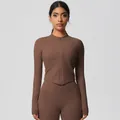 Women's tight-fit brushed yoga set with zip-up jacket and high-waist leggings in chocolate brown - S / Zip Up Jacket (7106) / Chestnut Brown