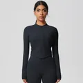 Women's two-piece black fitness set with zip-up long sleeve top and high waist leggings - 7106 Zipper Jacket - Black / S