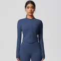Women's slate blue brushed yoga set with V-cut hem zip-up jacket and leggings - 7106 Zipper Jacket - Badge Blue / S