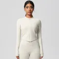 Women's cream white long sleeve yoga jacket and leggings set in high elastic fabric - 7106 Zipper Jacket - Light Ivory / S