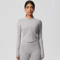Women's light grey-purple yoga set with long sleeve zip top and high waist leggings - 7106 Zipper Jacket - Frost Grey / S