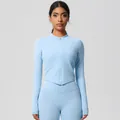 Slim fit light blue yoga set featuring a zip-up jacket and high-waist leggings - 7106 Zipper Jacket - Sky Blue / S
