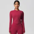 Women's burgundy slim-fit yoga set with high-waist leggings and zip-up long sleeve top - 7106 Zipper Jacket - Rouge Red / S