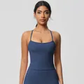 Women's dark steel blue yoga set with cami top and matching leggings in brushed fabric - 7107 Vest - Badge Blue / S