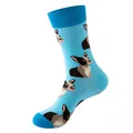 Blue cotton crew socks with cartoon French Bulldog pattern and dark blue toe detail - 266 / One Size