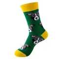 Green and yellow crew socks with dog pattern jacquard and ribbed cuffs for unisex wear - Deep Green / One Size