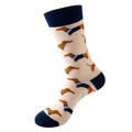 Mid-cut cotton socks in cream white with navy blue toe and cute dachshund dog patterns - Beige Dachshund (272)