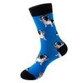 Blue crew socks featuring French Bulldog patterns with black accents and orange collars - Blue Black Contrast Frenchie (273)