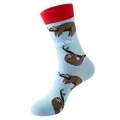 Light blue sloth cartoon cotton crew socks with red cuffs and Happy Time text design - Light Blue Sloth (269)