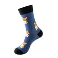 Navy blue crew socks with cartoon corgi patterns and black patchwork toe and heel - 221 / One Size