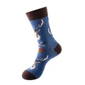 Blue cotton blend crew socks featuring elk patterns with contrasting brown heels and toes - Blue Elk (222)