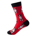 Red cotton crew socks with black Boston Terrier dog patterns and contrast details - Red Frenchie Head (123)