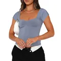 Detail of grey-blue slim fit T-shirt featuring ruched bust and elegant square neckline - S / Blue