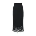 Detailed view of the intricate floral lace texture and scalloped hem of this black pencil skirt - Black
