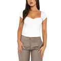 Slim fit white sweetheart neckline short sleeve top for women in retro French style - S / White