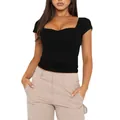 T-shirt noir ajusté de style vintage français avec col carré et détails plissés élégants - Noir