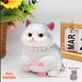 Realistic gray and white cat squishy toy with pearl necklace and soft faux fur, 14cm height - American Shorthair Cat (Large/With Accessories)