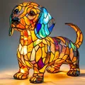 Lámpara de perro salchicha en vitral con luz decorativa naranja y azul brillante - Enchufe USB / Lámpara de perro mágico E
