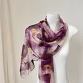 Elegant purple leaf print long silk scarf displayed on a white mannequin for women - Purple Leaf