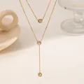 Elegant gold double-layered titanium necklace with sparkling zircon pendant in Y-shaped design - 3-Stone Double Chain (XKN0274)