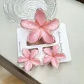 Set of 3 pink translucent plumeria flower hair claws including one large and two small clips - Pink Set With Transparent Snap Closure (including Card)