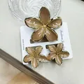 Three-piece plumeria flower hair claw set in milky tea color with elegant gold edges - Gold-rimmed Buckle Brown Set (including Card)