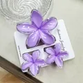 Purple plumeria hair claw clip set for women with one large and two small floral clips - Purple Set With Transparent Snap Closure (including Card)