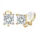 Boucles d'oreilles clips zircon carré princesse en plaqué or avec coussinets confort - Style Carré / Or-Carré