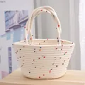 Handmade woven straw basket bag in cream white featuring colorful pom-poms decorations - White Color Beans Twist Handle