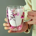 Double-walled borosilicate glass cup featuring purple dried flowers and handle - Purple Lover