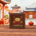 Lucky Koi walnut frame ornament with 3D gold treasure bowl and festive red background - Wealth from All Directions Wood Frame