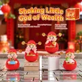 Set of four red resin fortune god figurines holding symbolic gold and jade items - All Four Of 1081-21 Are Required. / Extra Large Tray Display Series