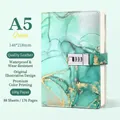 A5 green marble pattern leather notebook featuring a gold metal combination lock mechanism - Turquoise Green / A5