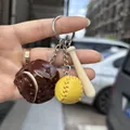 3-piece baseball keychain set featuring brown leather glove and mini wooden bat - 2CM Short Bat Yellow Ball Brown Glove