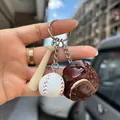 Baseball keychain set with wooden bat, white leather ball and brown catcher glove - 2CM Short Bat White Ball Brown Glove