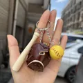 Three-piece baseball keychain set with wood bat, brown glove and yellow ball - 2CM Long Bat Yellow Ball Brown Glove