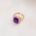 Adjustable gold ring with large square purple gemstone and zircon halo setting - 3078 Purple Ring