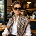 Elegant leopard print leopard pattern silk scarf with dark brown trim for women - 70cmx70cm / Brown Leopard (New Brown)