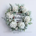 50cm white hydrangea Christmas wreath with flocked leaves and Welcome wooden sign - White Hydrangea And Rabbit Leaf Wreath
