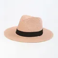 Light pink woven straw Panama hat with black decorative ribbon for summer sun protection - Adult One Size 56-58cm / Light Pink