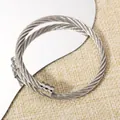 Silver stainless steel cable twisted open bangle with polished metallic cylindrical tips - Cylindrical Head Cable Texture Open Bangle (106) / Silver