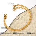 18K gold plated 304 stainless steel open twisted rope bangle with spherical ends - Double Strand Braid Ball Head Open Bangle (121) / Gold