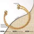 Braided texture 18K gold plated stainless steel open bangle with bead ends - Gold Round Bead Head Cable Open Bangle (119) / Gold