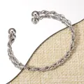 Silver woven stainless steel open cuff bracelet with spherical ends in metallic finish - Ball Head Braid Twisted Open Bangle (122) / Silver