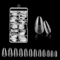 Clear almond shape nail tips set with 12 sizes stored in a transparent storage case - Stiletto Style (OBS-06)